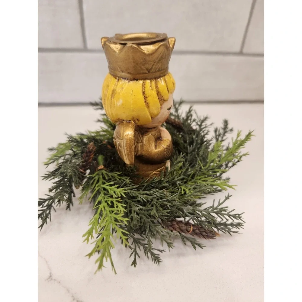 Vtg Caffco Praying Angel Crown Ceramic Tapered Candle Holder Japan Gold W/wreath